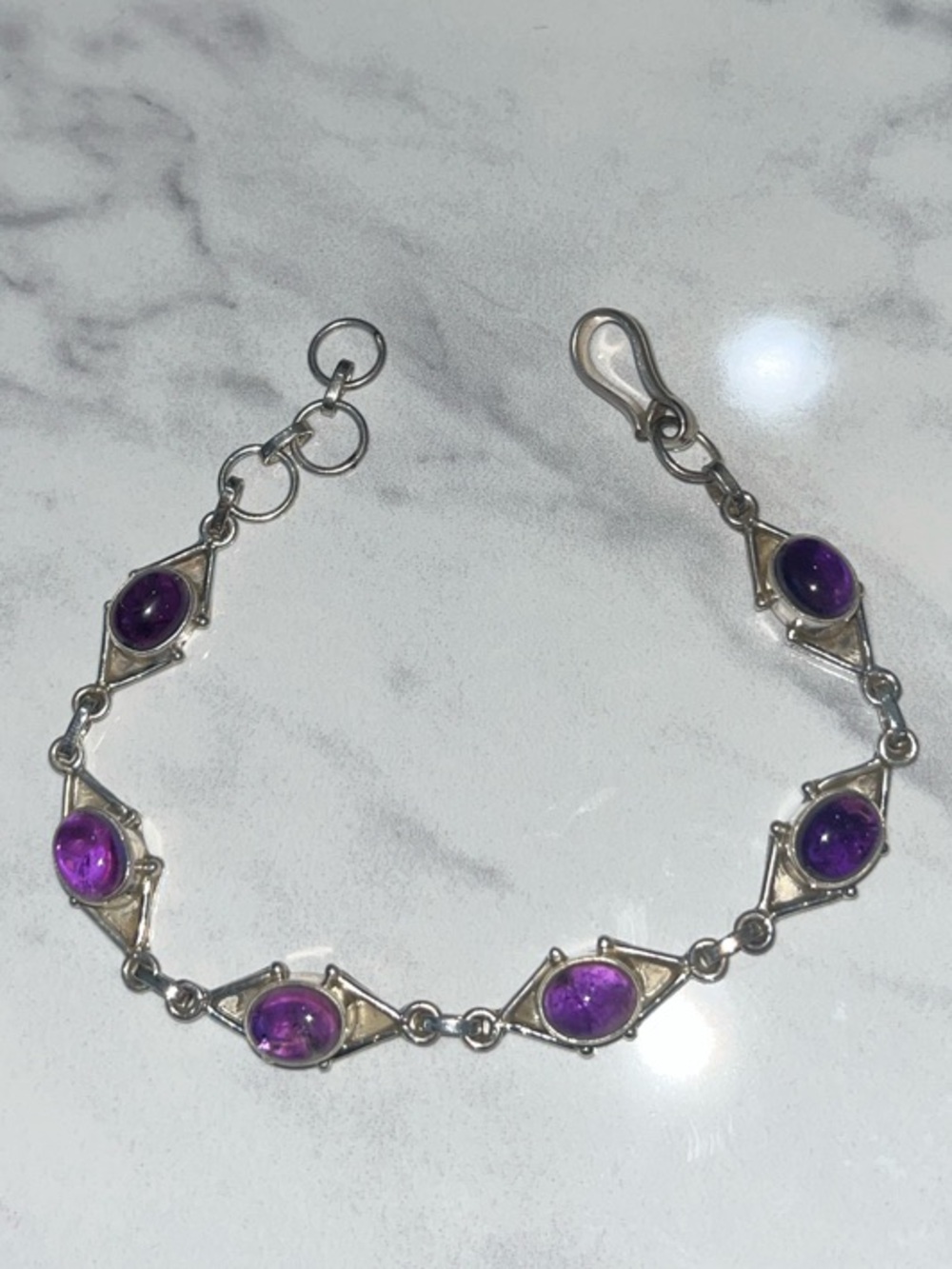 Sterling Silver Purple Amethyst Stone Link Bracelet 7.5 inches